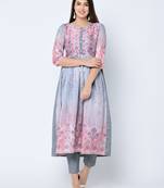 Women's Grey Digital Print A-Line Art Silk Kurta Pant Set