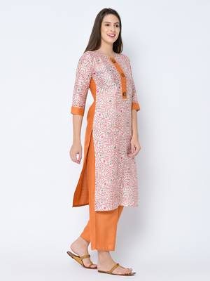 Women's Cream Digital Print Straight Art Silk Kurta 3