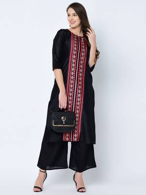 Women's Black Digital Print Straight Art Silk Kurta 1