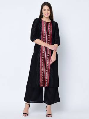 Women's Black Digital Print Straight Art Silk Kurta 2