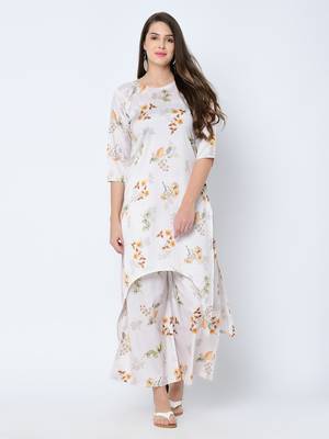 Women's Cream Digital Print Straight Art Silk Kurta Palazzo Set 1