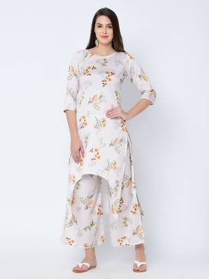 Women's Cream Digital Print Straight Art Silk Kurta Palazzo Set 2
