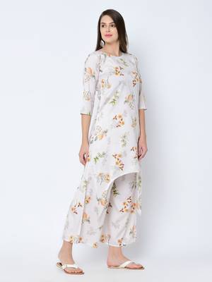 Women's Cream Digital Print Straight Art Silk Kurta Palazzo Set 4