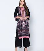 Women's Black Digital Print Straight Art Silk Kurta