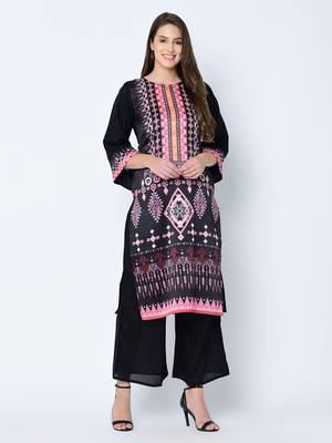 Women's Black Digital Print Straight Art Silk Kurta Palazzo Set 1