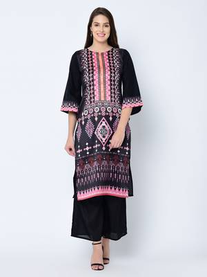 Women's Black Digital Print Straight Art Silk Kurta Palazzo Set 2
