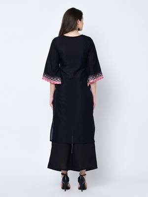 Women's Black Digital Print Straight Art Silk Kurta Palazzo Set 3