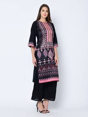 Women's Black Digital Print Straight Art Silk Kurta Palazzo Set 4