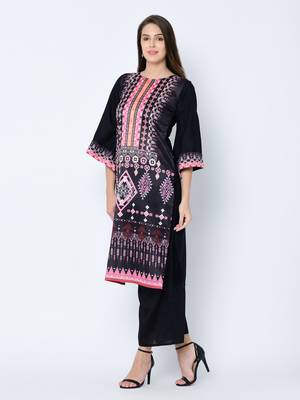 Women's Black Digital Print Straight Art Silk Kurta Palazzo Set 5