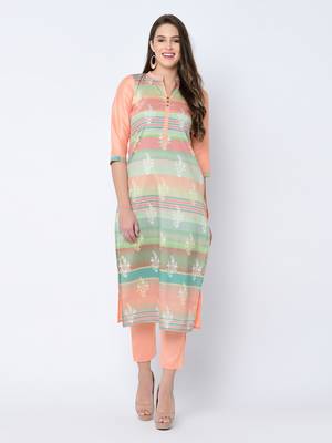 Women's Peach Digital Print Straight Art Silk Kurta Pant Set 1