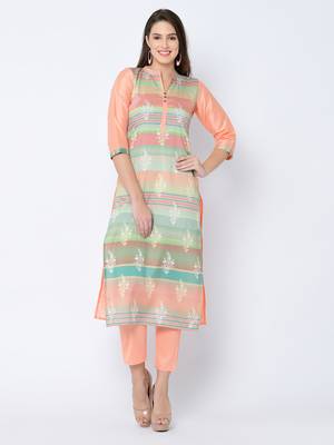 Women's Peach Digital Print Straight Art Silk Kurta Pant Set 2