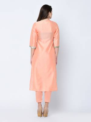 Women's Peach Digital Print Straight Art Silk Kurta Pant Set 3
