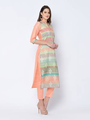 Women's Peach Digital Print Straight Art Silk Kurta Pant Set 4