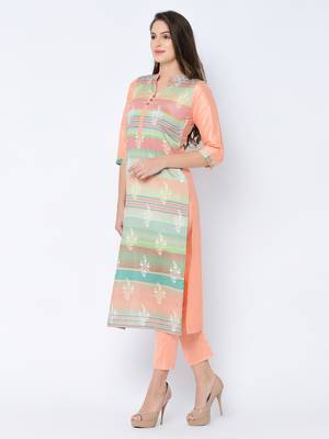 Women's Peach Digital Print Straight Art Silk Kurta Pant Set 5