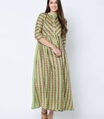 Women's Green Digital Print Flared Art Silk Kurta