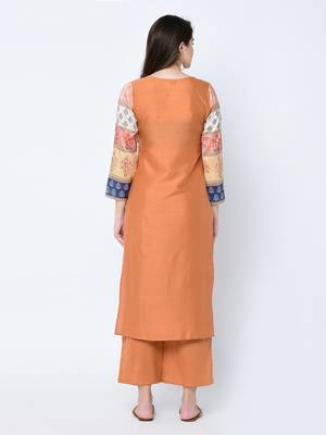 Women's Brown Digital Print Straight Art Silk Kurta 3