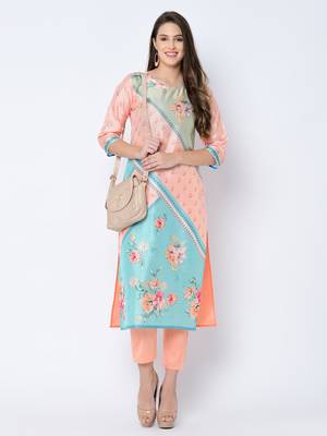 Women's Peach Digital Print Straight Art Silk Kurta Pant Set 1