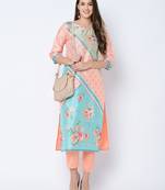 Women's Peach Digital Print Straight Art Silk Kurta Pant Set