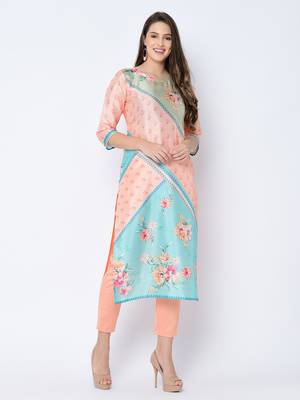 Women's Peach Digital Print Straight Art Silk Kurta Pant Set 2