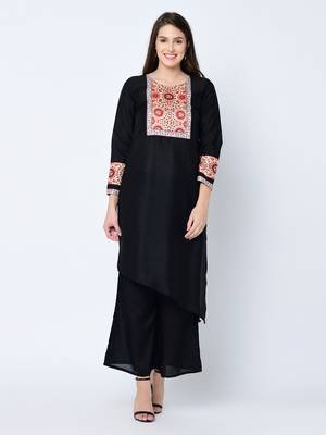 Women's Black Solid Asymmetric Art Silk Kurta 1