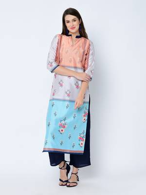 Women's Blue Digital Print Straight Art Silk Kurta 1