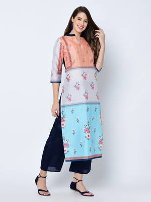 Women's Blue Digital Print Straight Art Silk Kurta 2