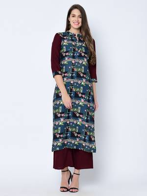 Women's Maroon Digital Print Straight Rayon Kurta 1