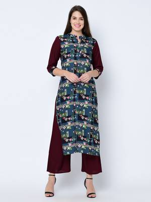 Women's Maroon Digital Print Straight Rayon Kurta 2
