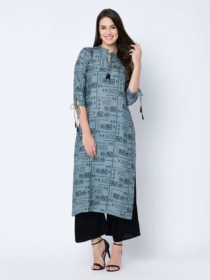 Women's Grey Digital Print Straight Rayon Kurta 1