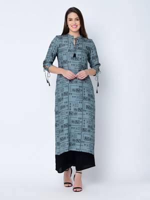 Women's Grey Digital Print Straight Rayon Kurta 2