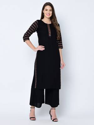 Women's Black Solid Straight Rayon Kurta 1