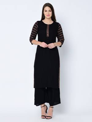 Women's Black Solid Straight Rayon Kurta 2