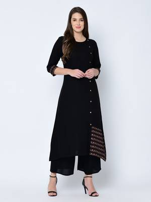 Women's Black Solid Straight Rayon Kurta 2
