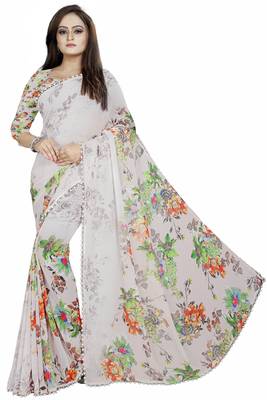 Light grey printed georgette saree with blouse 1