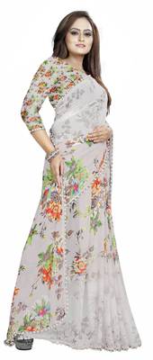Light grey printed georgette saree with blouse 2
