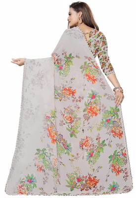 Light grey printed georgette saree with blouse 3