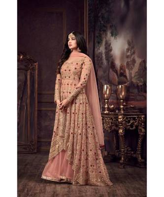peach embroidered net semi stitched salwar with dupatta 1