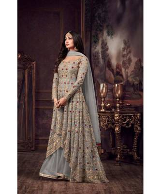 grey embroidered net semi stitched salwar with dupatta 1