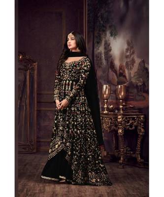 black embroidered net semi stitched salwar with dupatta 1