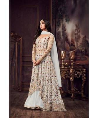 cream embroidered net semi stitched salwar with dupatta 1