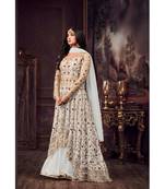 cream embroidered net semi stitched salwar with dupatta