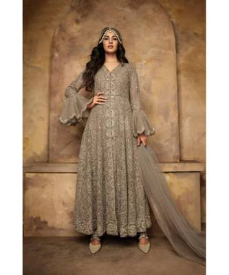 grey embroidered net semi stitched salwar with dupatta 1