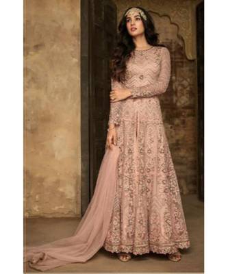 pink embroidered net semi stitched salwar with dupatta 1