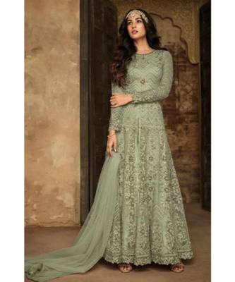 green embroidered net semi stitched salwar with dupatta 1