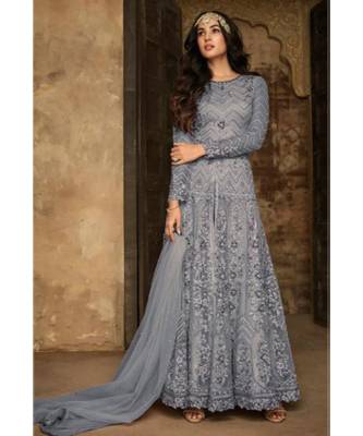 blue embroidered net semi stitched salwar with dupatta 1
