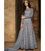 blue embroidered net semi stitched salwar with dupatta