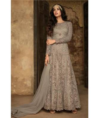 grey embroidered net semi stitched salwar with dupatta 1