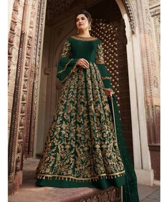 green embroidered SILK semi stitched salwar with dupatta 1