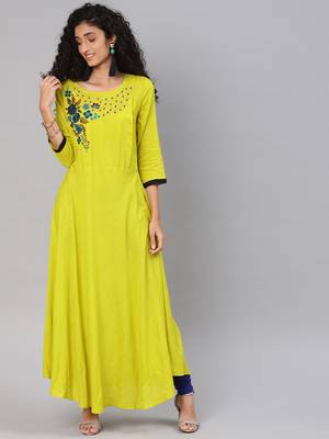 Blissta Parrot Green Rayon Slub Anarkali Kurti 1