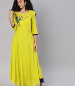 Blissta Parrot Green Rayon Slub Anarkali Kurti